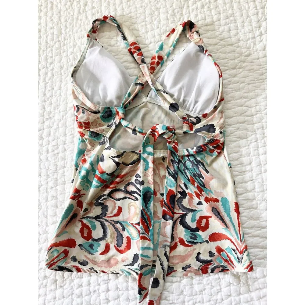 Women’s Floral Tankini Swim Top Tie Back Halter Multicolor Beach Boho Size S/M?